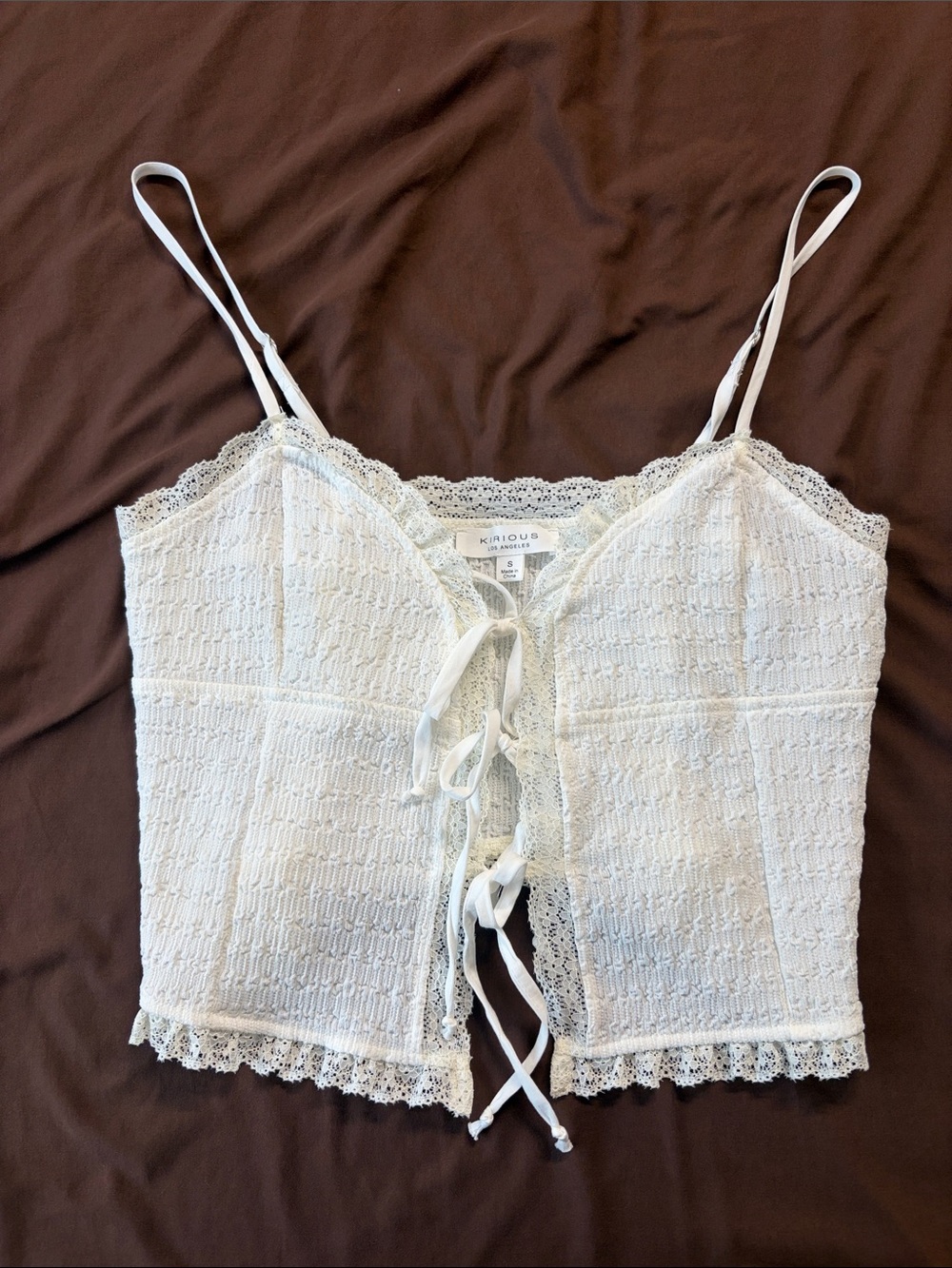 Knit Lace-Trim Tie-Front Cami in White